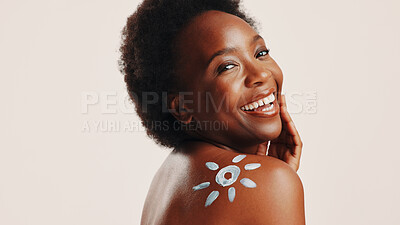 Buy stock photo Sunscreen, cream and portrait with black woman in studio for beauty, uv protection and cosmetics. Space, dermatology and spf lotion with person on white background for self care, skincare or sunblock