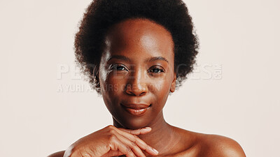 Buy stock photo Skincare, natural and portrait of black woman in studio with beauty, health or wellness routine. Happy, face and African female person with dermatology facial treatment for glow by white background.