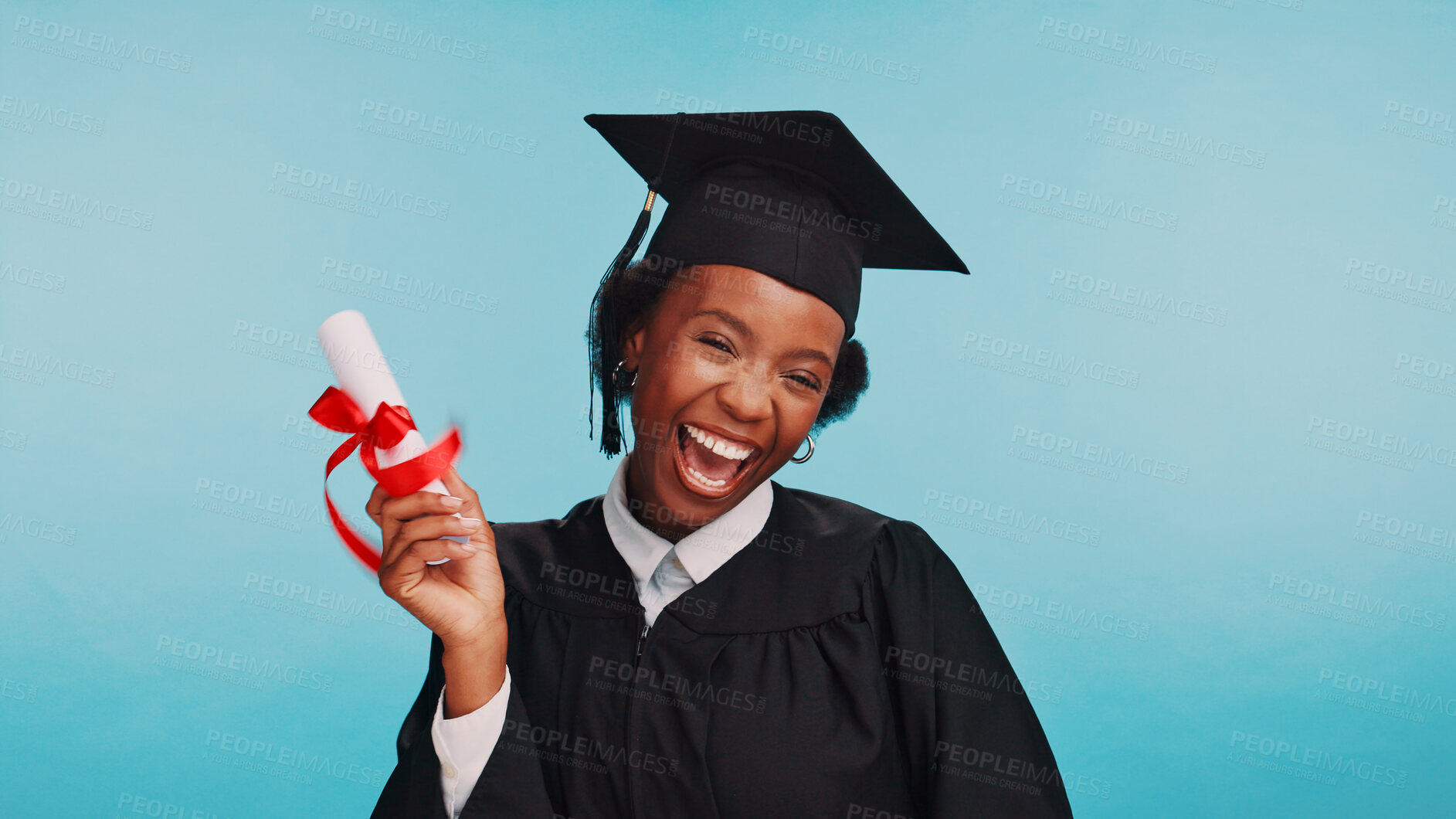 Buy stock photo Black woman, graduation and happy in studio portrait, certificate or education goal by blue background. African girl, student and excited with smile for diploma, success and celebration in Nigeria