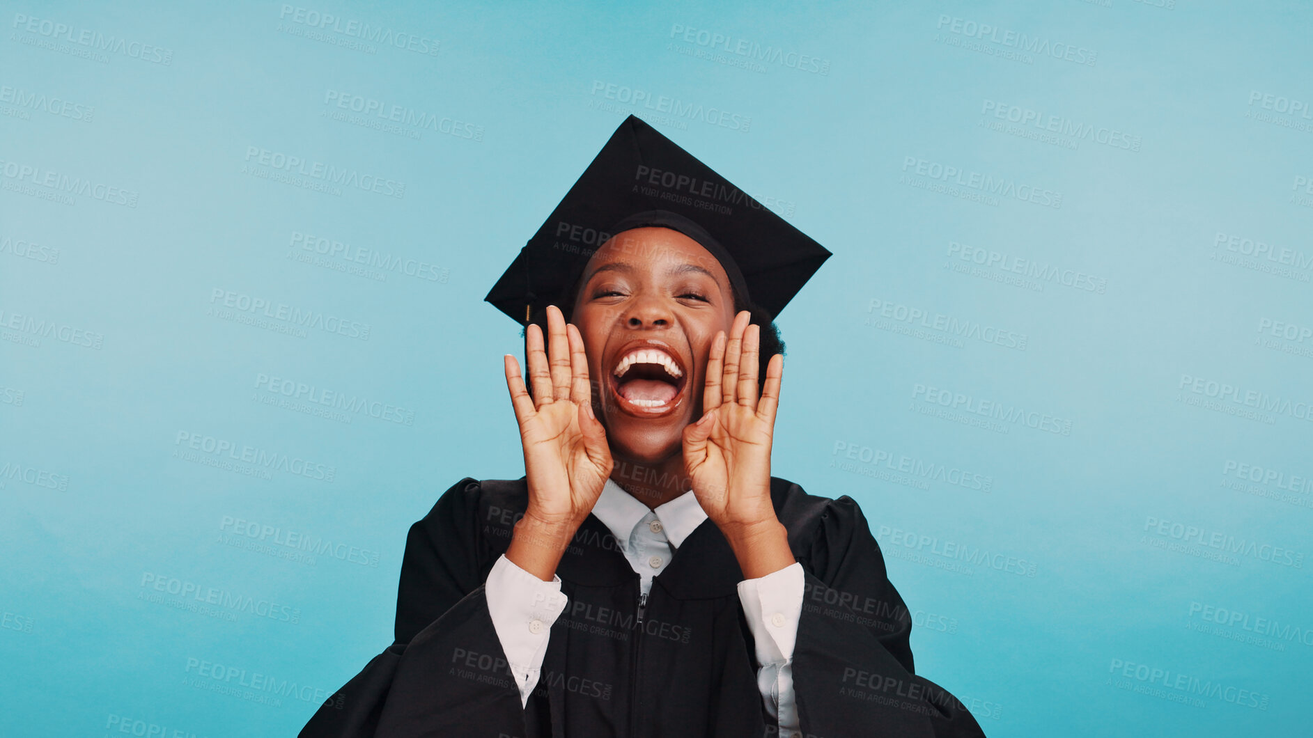 Buy stock photo Black woman, graduation and excited in studio portrait with shout, college celebration or goals by blue background. Girl, student and happy with voice, achievement and space for education in Nigeria