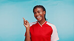 Sports, athlete and portrait of black woman pointing to mockup space for match, game and tournament. Fitness, blue background and African person for training, exercise or workout challenge in studio