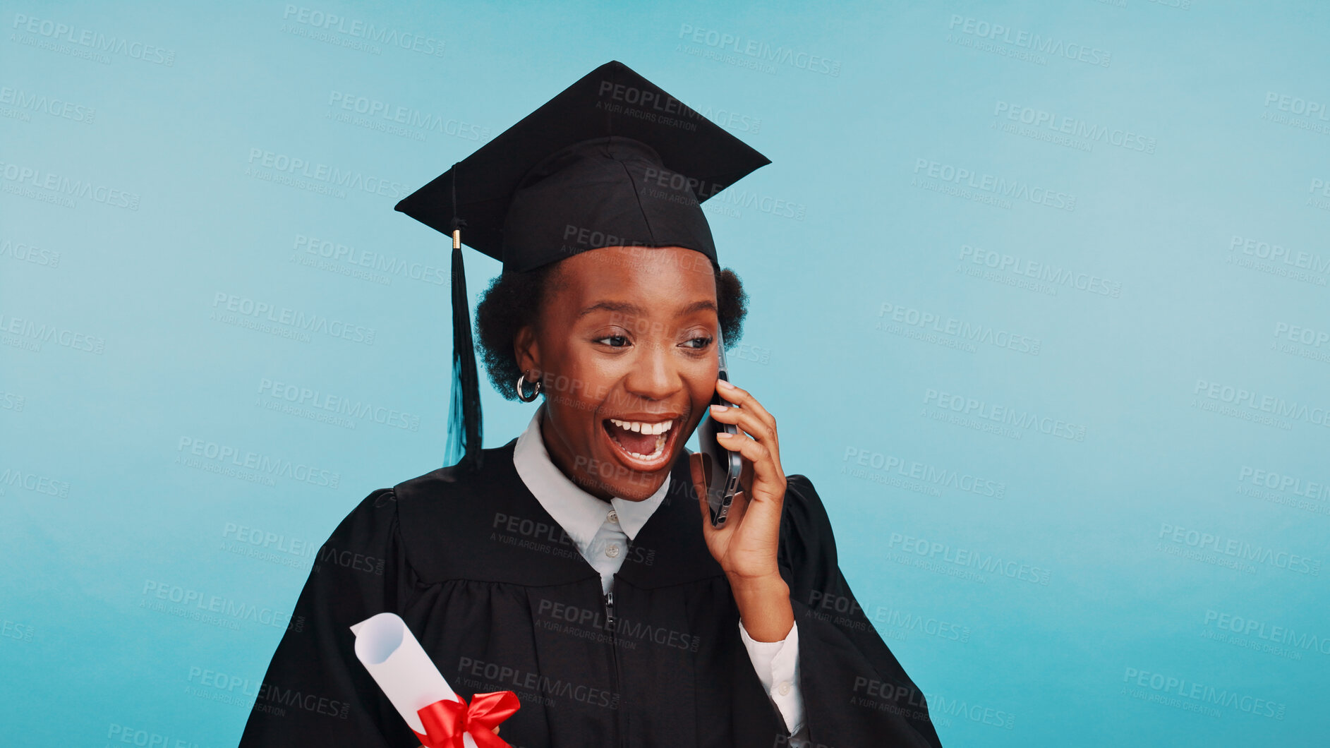 Buy stock photo Black woman, phone call and graduation in studio, excited or diploma for achievement by blue background. Girl, space and student with smartphone for good news with certificate, success and education 