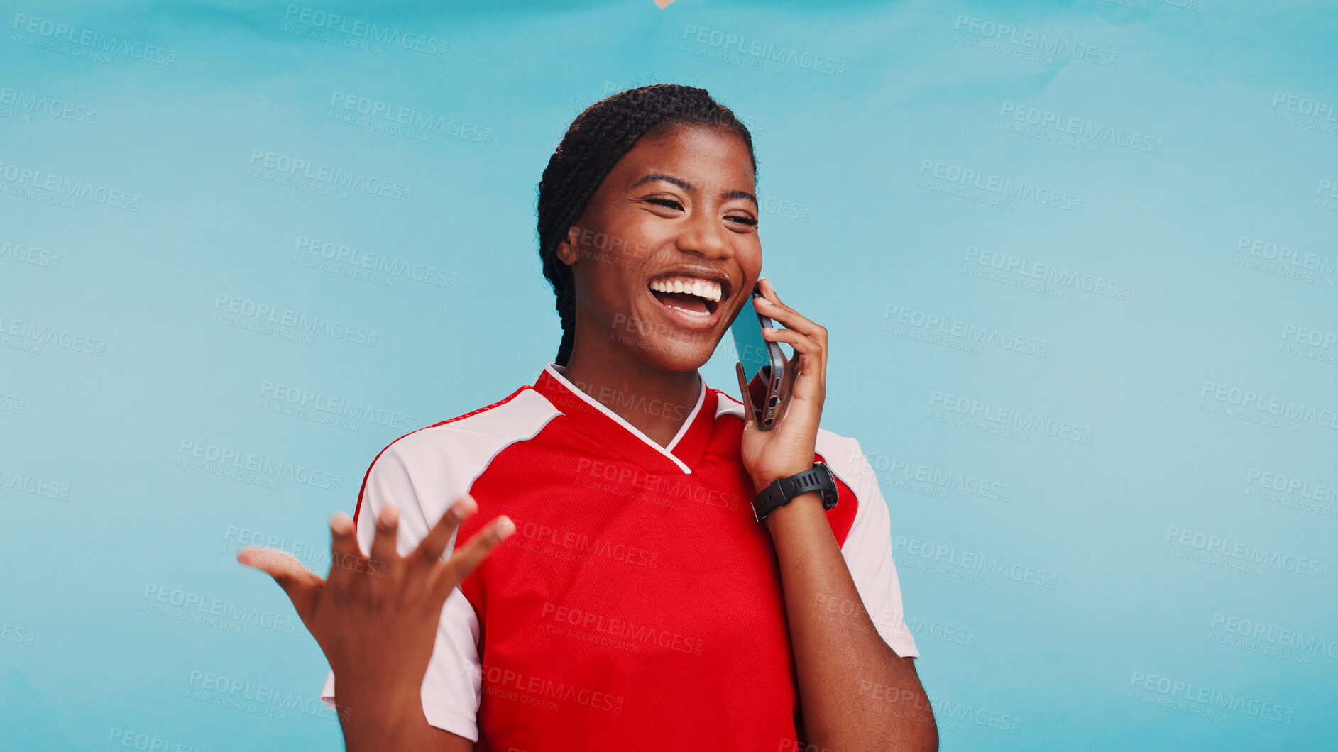 Buy stock photo Black woman, phone call and excited in studio for sports, smile and selection for soccer team by blue background. Girl, athlete and smartphone with contact, good news and success with draft results