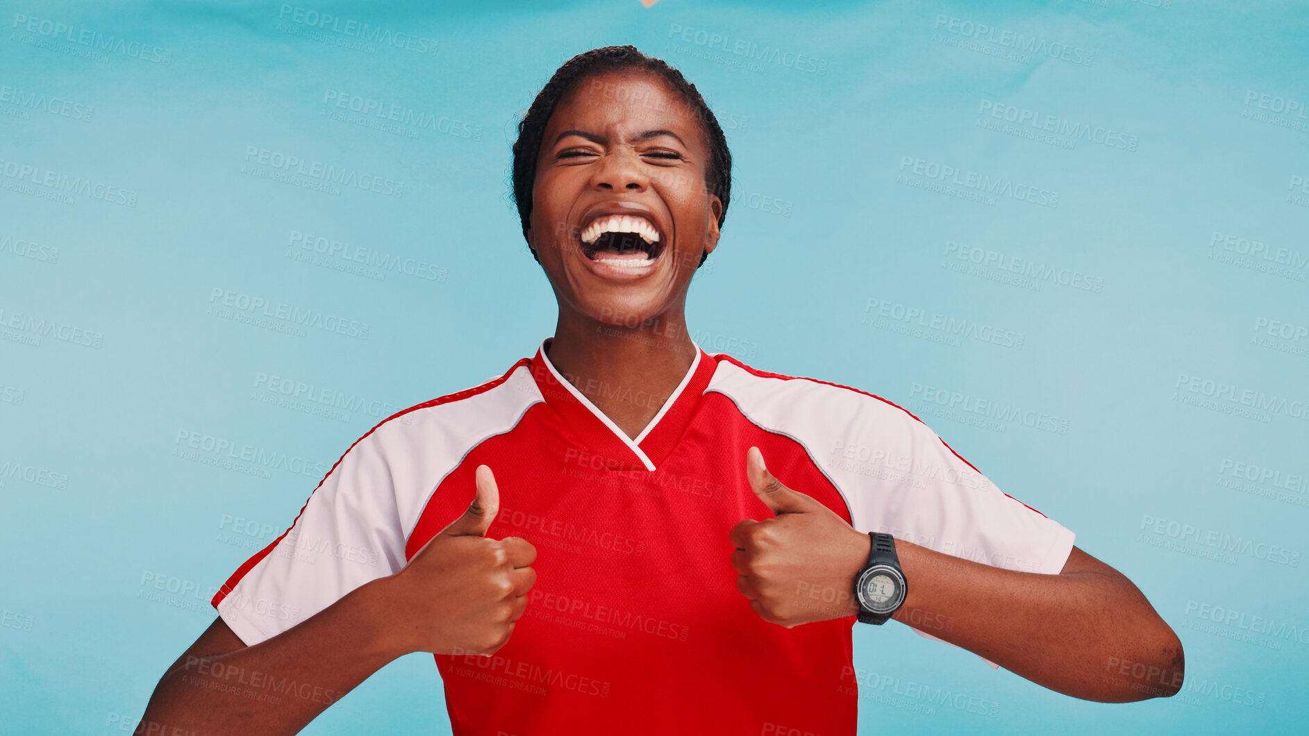Buy stock photo Sports, athlete and black woman with thumbs up for match, game and tournament approval. Fitness, blue background and African person for training, exercise or workout challenge in studio for thank you
