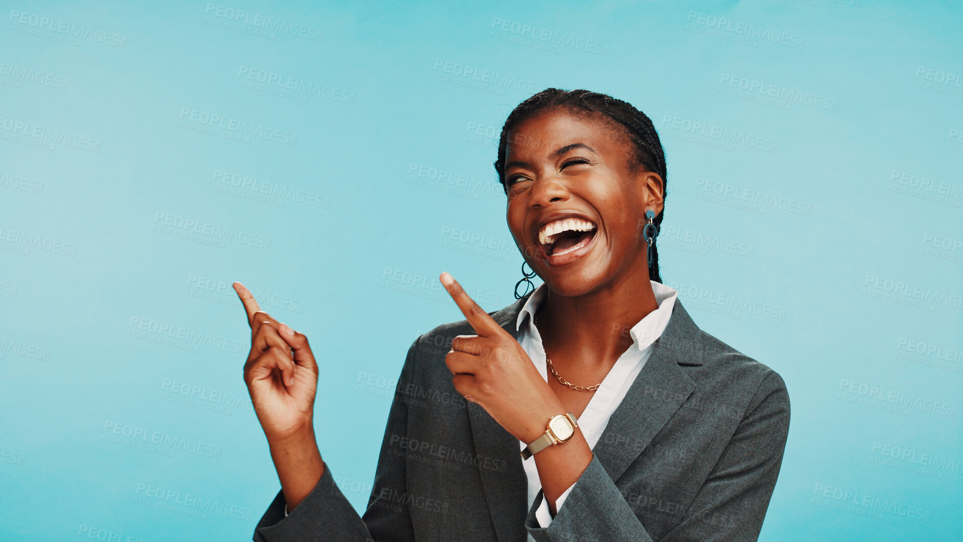 Buy stock photo Business, pointing or black woman in studio, excited or job opportunity on blue background. African person, model or employee with hand gesture, choice or vacancy announcement with promotion or space