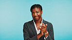 Applause, business and jealous with black woman in studio for job opportunity or promotion failure. Annoyed, frustrated or unhappy with employee clapping on blue background as competition loser