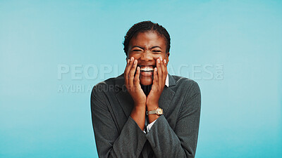 Buy stock photo Business, woman and laughing for gossip in studio with comic story, surprise information and corporate joke. Mockup, scandal and black person with humor for company meme and drama on blue background