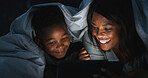Bedroom, child and mom with tablet, movies and black family with tech for streaming, online or house. Bonding, woman and watching cartoons with kid, night and love for series in home or entertainment