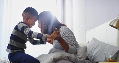 Buy stock photo Love, mom and touch forehead with kid in home for care, smile and family bonding together. African boy, mother and holding hands in bedroom for connection, support or healthy relationship with parent