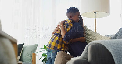 Buy stock photo Care, family and mom hugging child on sofa in home for mothers day, greeting or morning together. Happy, love and woman embracing boy kid for support, security or sweet moment in living room at house