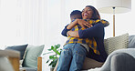 Love, family and mom hugging kid on sofa in home for mothers day, greeting or morning together. Happy, care and woman embracing boy child for support, security or sweet moment in living room at house