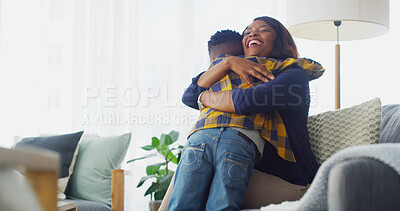Buy stock photo Love, family and mom hugging kid on sofa in home for mothers day, greeting or morning together. Happy, care and woman embracing boy child for support, security or sweet moment in living room at house