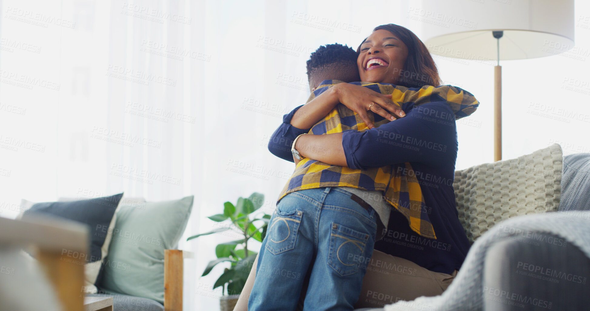 Buy stock photo Love, family and mom hugging kid on sofa in home for mothers day, greeting or morning together. Happy, care and woman embracing boy child for support, security or sweet moment in living room at house