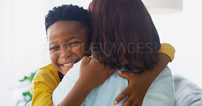 Buy stock photo Love, mom and child in living room, hug and black family in house, bonding or affection for boy. Home, woman and  embrace for son in morning, mother and parent with kid in apartment or happy on couch