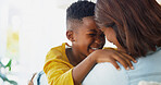 Love, connection and mom hugging child on sofa in home for mothers day, greeting or morning together. Happy, care and woman embracing boy for support, security or sweet moment in living room at house