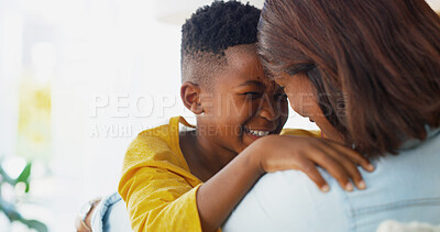 Buy stock photo Love, connection and mom hugging child on sofa in home for mothers day, greeting or morning together. Space, care and woman embracing boy for support, security or sweet moment in living room at house