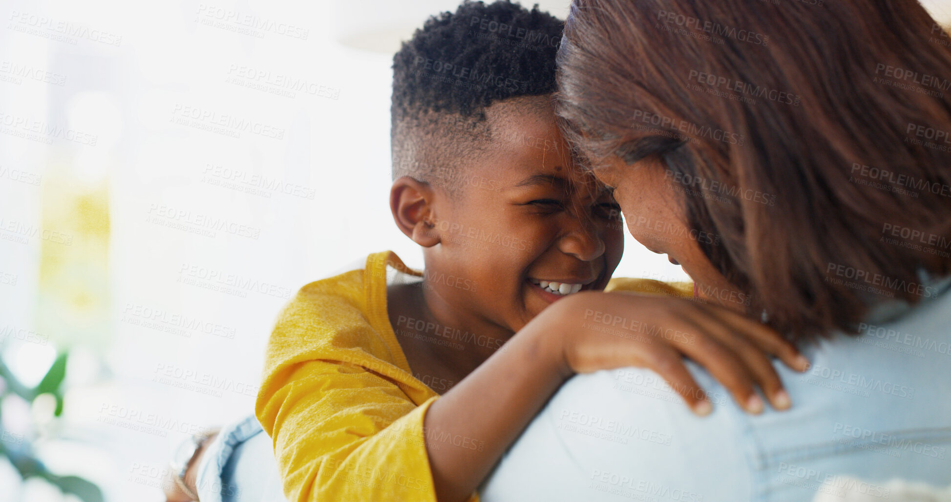 Buy stock photo Love, connection and mom hugging child on sofa in home for mothers day, greeting or morning together. Space, care and woman embracing boy for support, security or sweet moment in living room at house