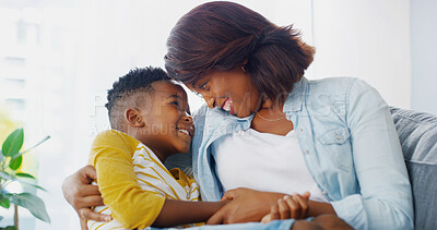 Buy stock photo Care, mother and forehead touch with child in home for love, happy or family bonding together. African kid, mom or embrace boy on lap in living room for connection, trust or holding hands with parent