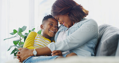 Buy stock photo Support, mom and forehead touch with kid in home for trust, care and African family bonding together. Mama, child and embrace happy boy on lap for love or relationship with parent on mothers day