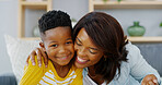 Smile, mother and hug child in home for love, care and family bonding together. African kid, mom and embrace boy in living room for connection, support and healthy relationship with single parent