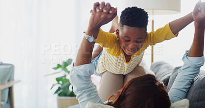 Buy stock photo Airplane, mom and child in living room, smile and games for black family in house, love and fun for boy. Apartment, woman and playing with son in lounge, mother and happy with kid on couch or relax