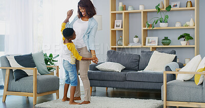 Buy stock photo Home, dancing and mother with son, smile and bonding together with fun in living room. Black family, parent and mama with boy, movement and love with care, game and weekend break with happiness