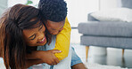 Love, mother and piggyback kid in home for care, smile and family bonding together. African child, boy and hug mom in living room for connection, support and healthy relationship with single parent