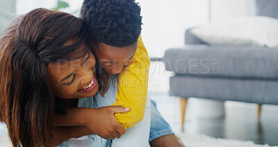 Buy stock photo Love, mother and piggyback kid in home for care, smile and family bonding together. African child, boy and hug mom in living room for connection, support and healthy relationship with single parent