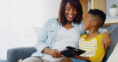 Buy stock photo Tablet, relax and mother with child on sofa playing educational game online for learning. Happy, bonding and mom with boy kid on digital technology for entertainment in living room in home together.