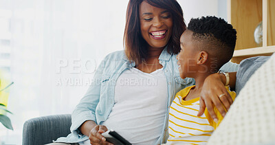 Buy stock photo Bonding, child and mom with tablet, relax and tech for streaming in home, black family and embrace. Love, laughing and woman with son in living room, affection and app for entertainment in house