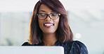 Business, woman and online with tablet in office for budget feedback, financial report review or reading economy news. Accountant, african person and digital app for finance records system and info