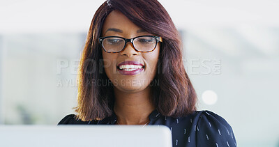 Buy stock photo Business, woman and online with laptop in office for budget feedback, financial report review or reading economy news. Accountant, african person or smile with tech for finance records system or info