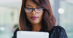 Business woman, planning and tablet with reading in office for market research, online schedule or networking. Accountant, african person and digital app for financial records review or budget report