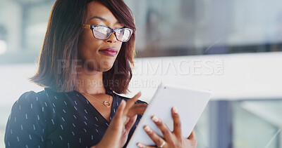Buy stock photo Office, planner and black woman with tablet for search, administration ideas and online agenda. Business, planning and typing with consultant on digital app for schedule management, reading and notes