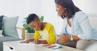 Buy stock photo House, woman or education for child, writing or study with son in living room, smile and care for boy. Home, mom and kid with notebook in lounge, knowledge or black family in apartment with creative