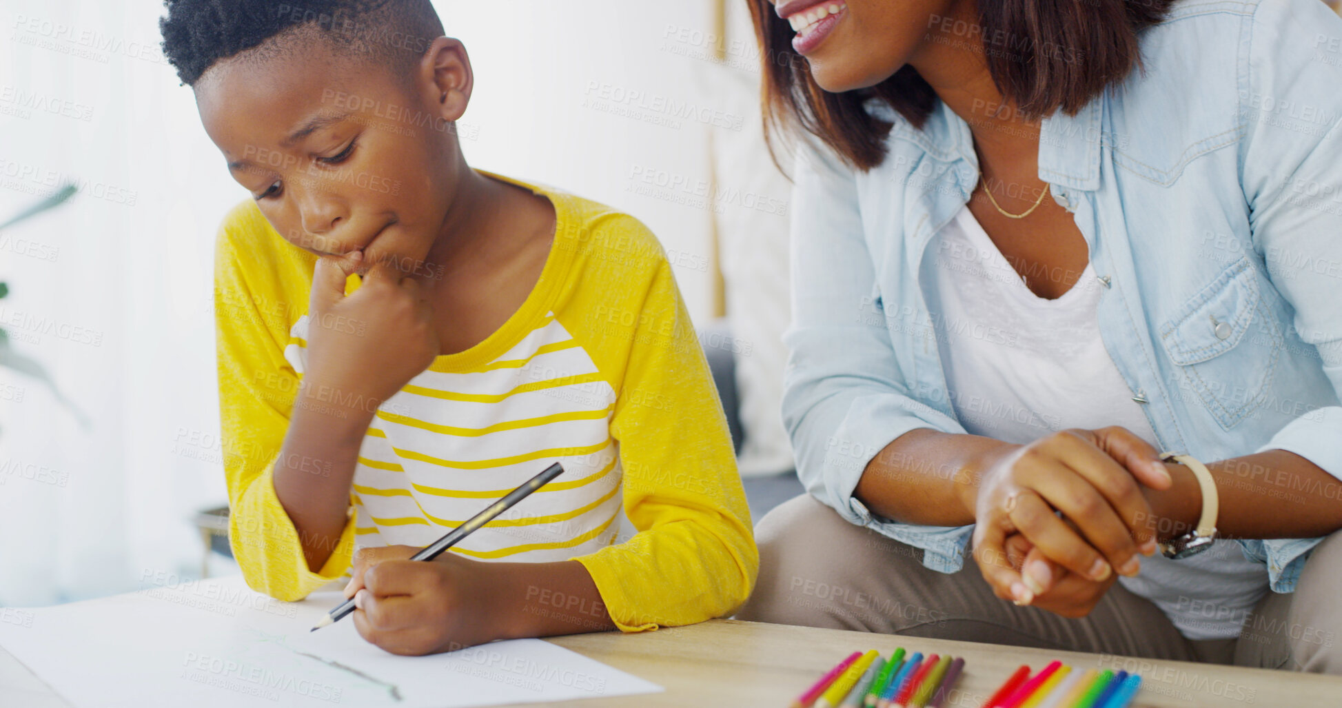 Buy stock photo Colors, homework and mom helping child in home for education, drawing or learning. Teaching, bonding and mother with boy kid for development activity with creative art living room at family house.