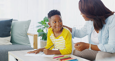 Buy stock photo House, woman and education for child, studying and smile with son in living room, learning or care for boy. Home, mom and kid with notebook in lounge, knowledge or family in apartment with assignment