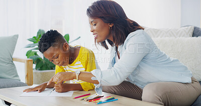 Buy stock photo House, mom or education for child, teaching or smile with son in living room, learning or care for boy. Home, woman or kid with notebook in lounge, knowledge or black family in apartment with support