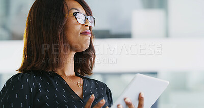 Buy stock photo Office, thinking and black woman with tablet for planner, administration ideas or online agenda. Business, planning and vision with consultant on digital app for schedule management, report or review
