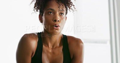 Buy stock photo Breathe, fitness and face of woman tired for intense training, exercise and workout in morning. Sports, athlete and person with fatigue on break, resting and sweat for wellness, health and challenge