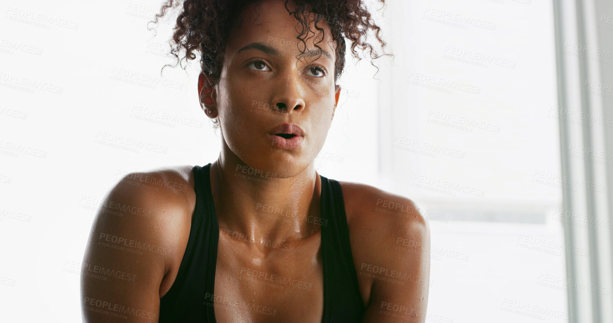 Buy stock photo Breathe, fitness and face of woman tired for intense training, exercise and workout in morning. Sports, athlete and person with fatigue on break, resting and sweat for wellness, health and challenge