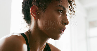 Buy stock photo Sweat, fitness and face of woman tired for intense training, exercise and workout in morning. Sports, athlete and person with fatigue on break, resting and breathe for wellness, health and challenge