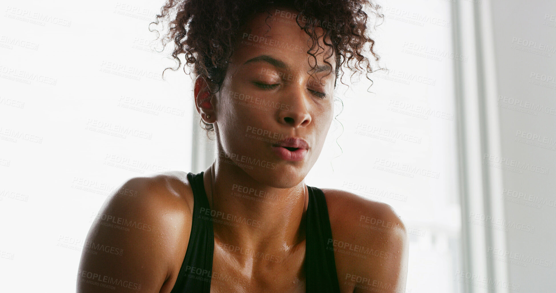 Buy stock photo Sweat, exercise and face of woman tired for intense training, fitness and workout in morning. Sports, athlete and person with fatigue on break, resting and breathe for wellness, health and challenge