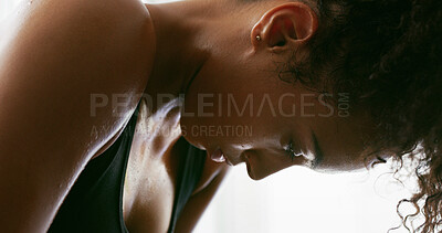 Buy stock photo Sweat, thinking and woman tired for exercise, intense training and workout in morning. Sports, fitness and person with fatigue on break, resting and breathe for wellness, health and challenge