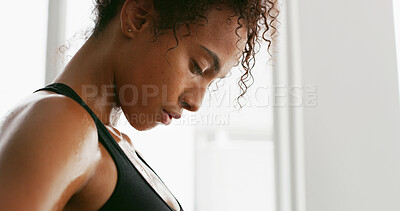 Buy stock photo Breathing, exercise and woman in gym, sweating and calm with break, tired and workout. Person, athlete and runner in wellness center, fatigue and exhausted with challenge, fitness and training