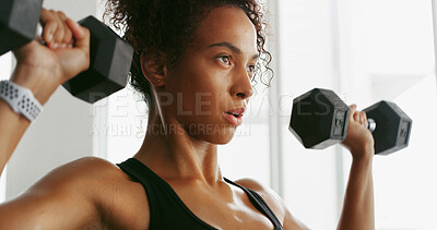 Buy stock photo Woman, dumbbells and training for muscle at gym, strong and benefits for fitness, change and growth. Person, girl and equipment for body building, transformation and weightlifting at exercise club