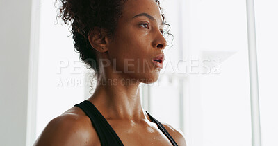 Buy stock photo Thinking, fitness and face of woman tired for training, exercise and workout in morning. Sports, sweating and person with fatigue on break, resting and breathe for wellness, health and challenge