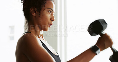 Buy stock photo Woman, dumbbells and exercise for muscle at gym, strong and benefits with training, change and growth. Person, girl and equipment for body building, transformation and weightlifting at fitness club