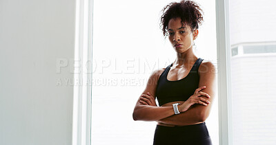 Buy stock photo Portrait, woman and pride for fitness at gym for exercise, workout break and training recovery. Serious, active person and space with arms crossed of sports challenge, bodybuilding progress and ready