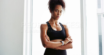 Buy stock photo Portrait, serious and woman for fitness at gym for start of exercise, workout break and training recovery. Female person, pride and arms crossed with sports challenge, bodybuilding progress and ready